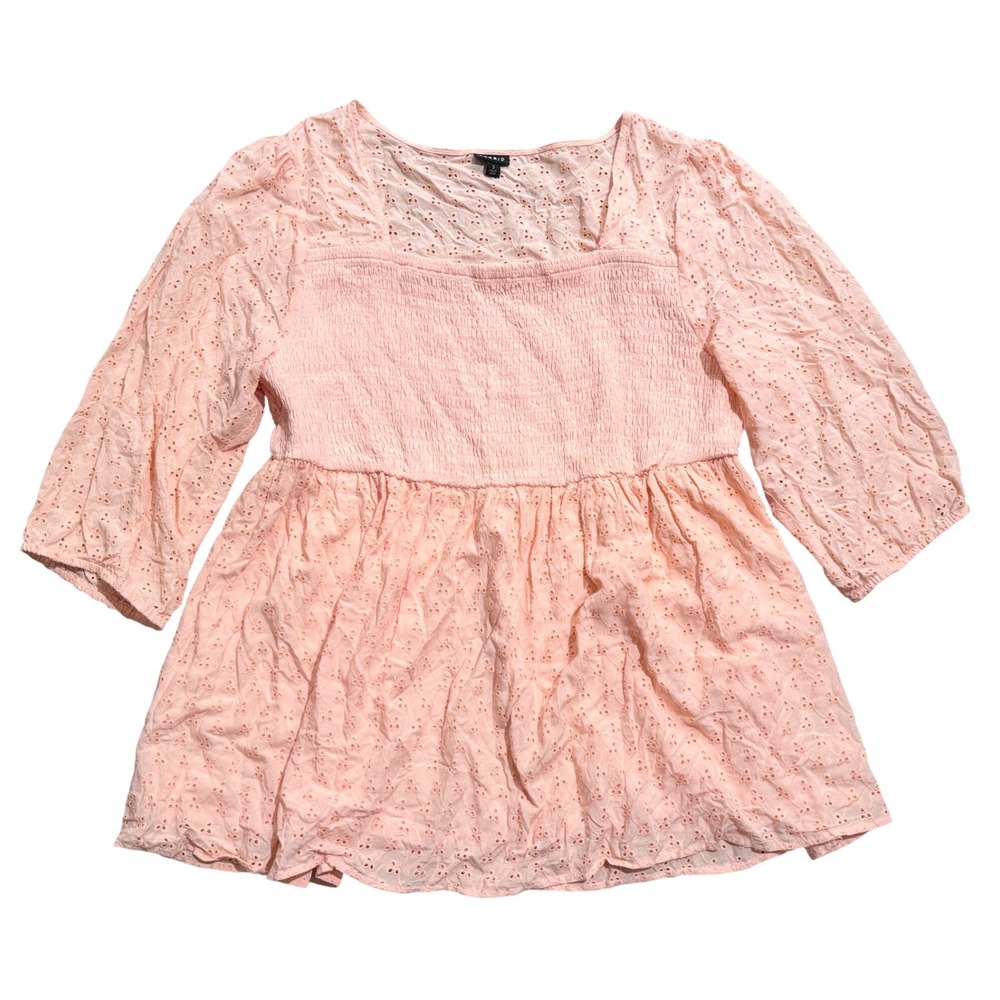 Torrid Plus Size 3 3X 22 24 Peach Eyelet Smocked Babydoll Top Shirt 3/4 Sleeve